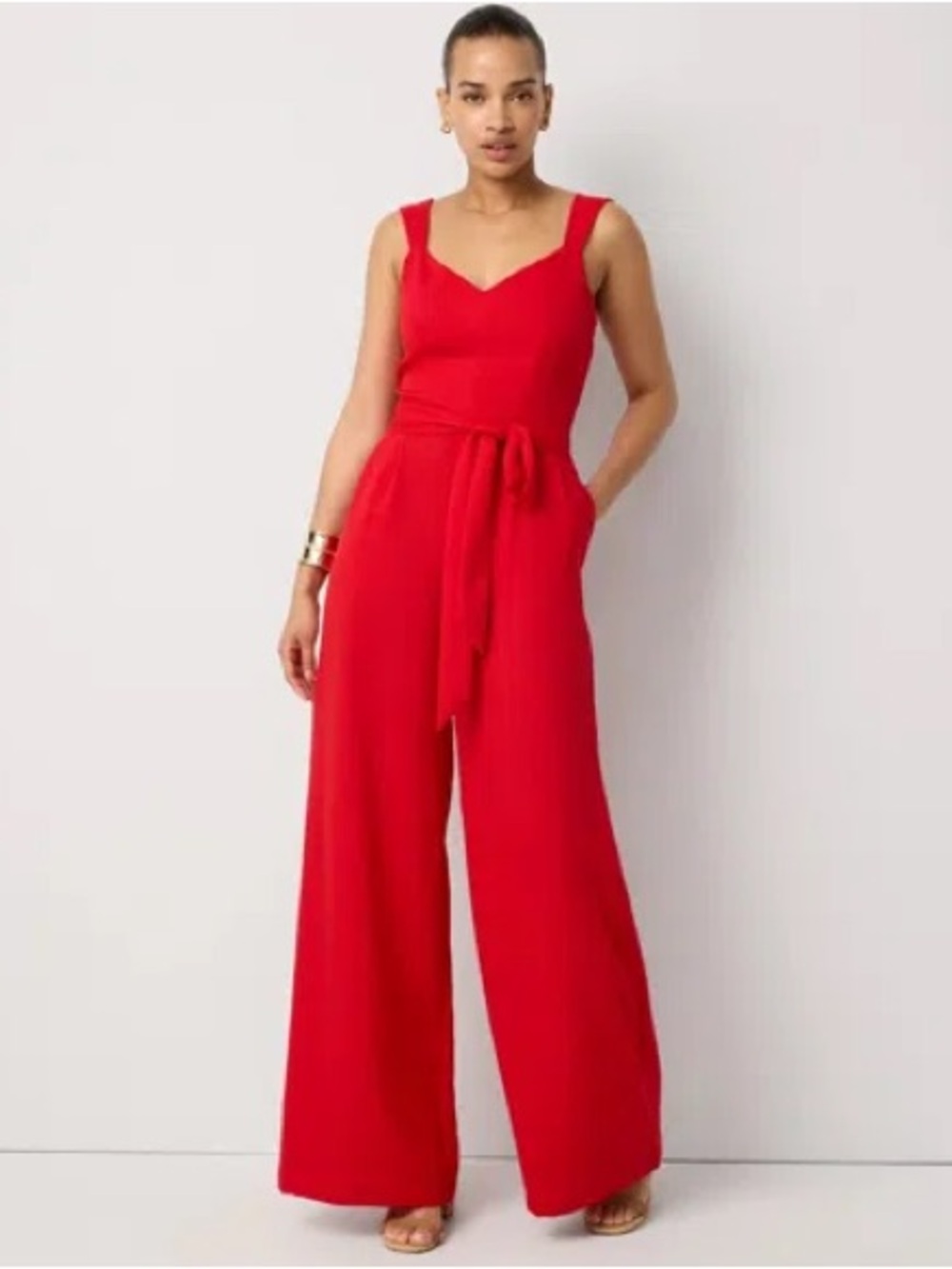 White House Black Market Red Sleeveless Wide-Leg Jumpsuit with Waist Tie